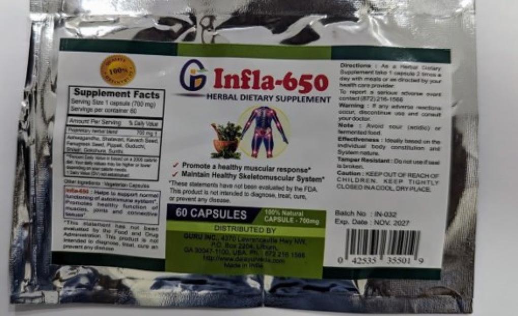 Infla-650 herbal supplement Guru inc pain relief FDA recall